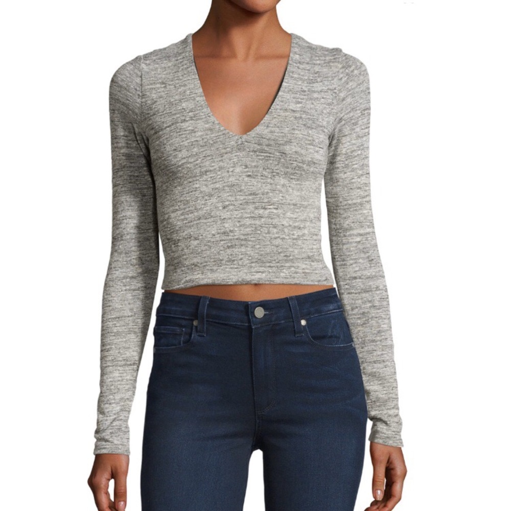 Alice + Olivia V-Neck Long-Sleeve Crop Top, Gray